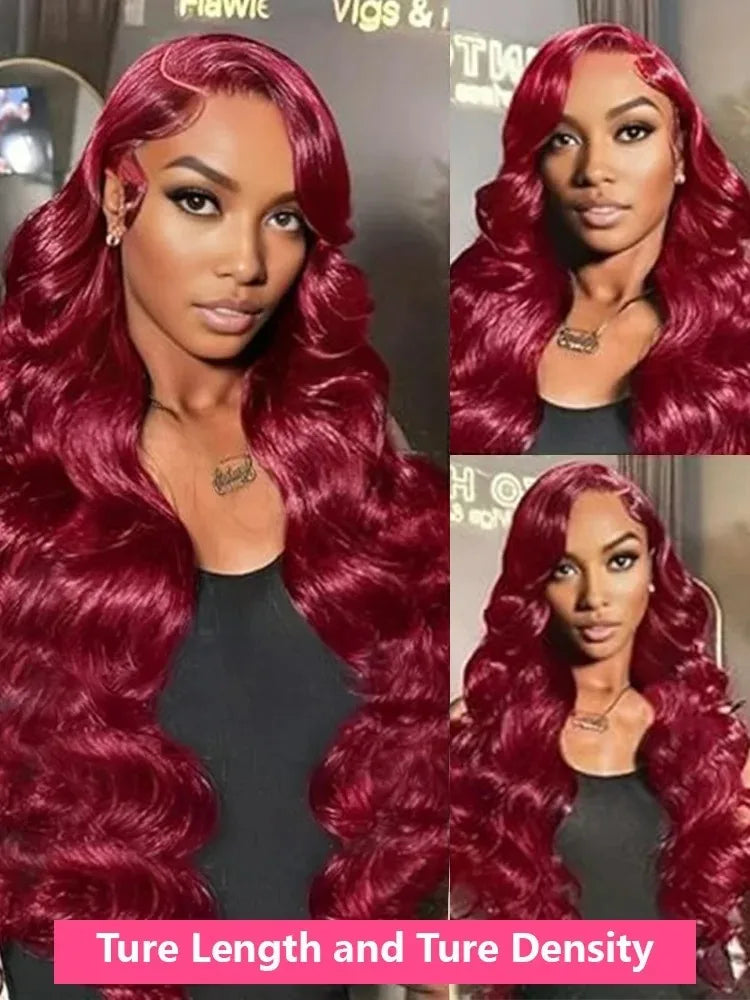 Burgundy 99J Red Body Wave Lace Front Wig | 30 Inch 200% Density Brazilian Remy HD Transparent Lace Frontal for Women Luxegan