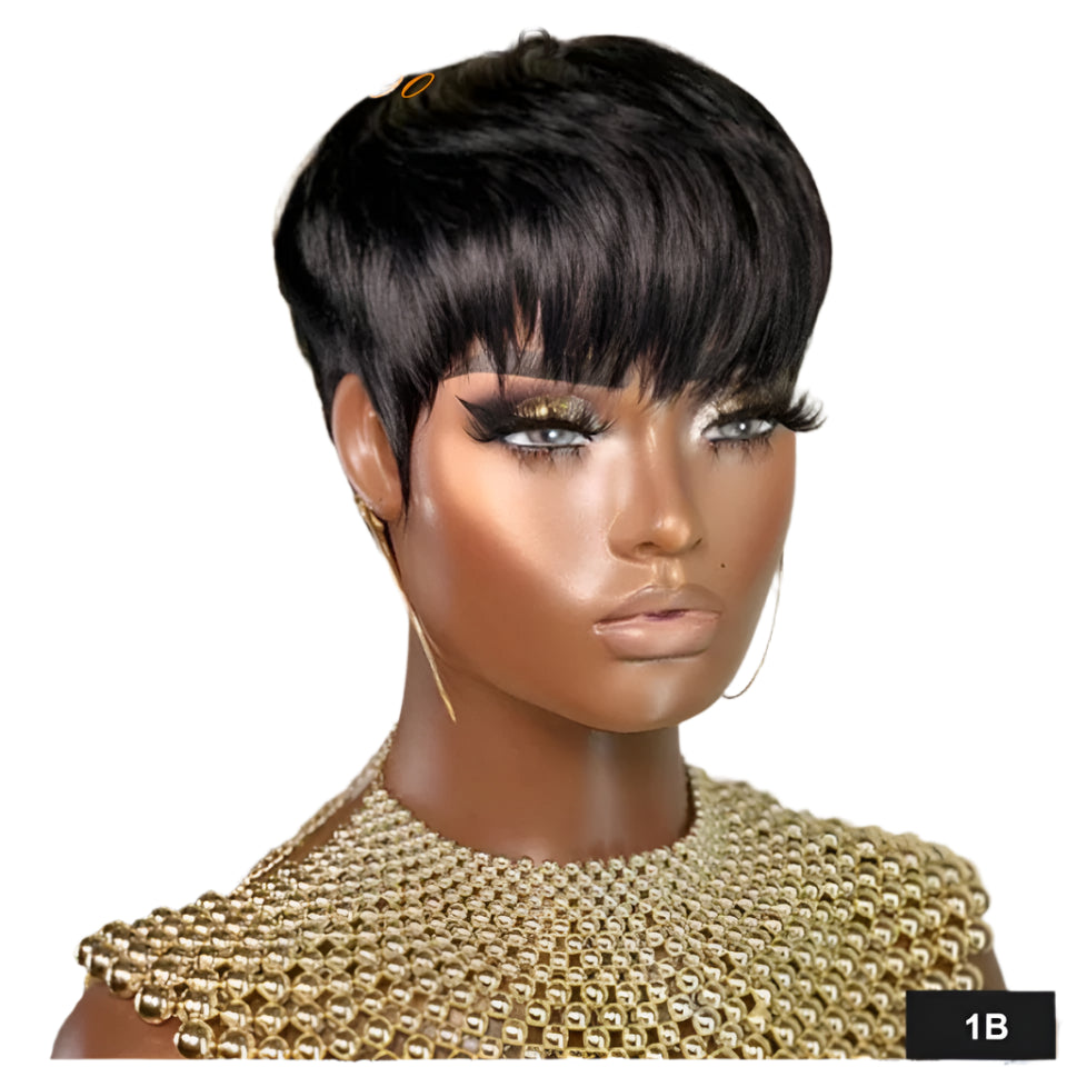 Burgundy Red & Brown Pixie Short Cut Bob Wig with Bangs | Straight Human Hair Machine Made Luxegan
