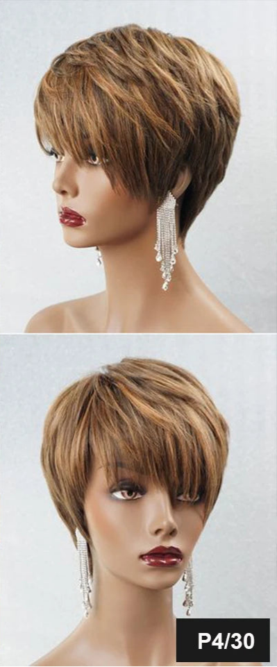 Burgundy Red & Brown Pixie Short Cut Bob Wig with Bangs | Straight Human Hair Machine Made Luxegan