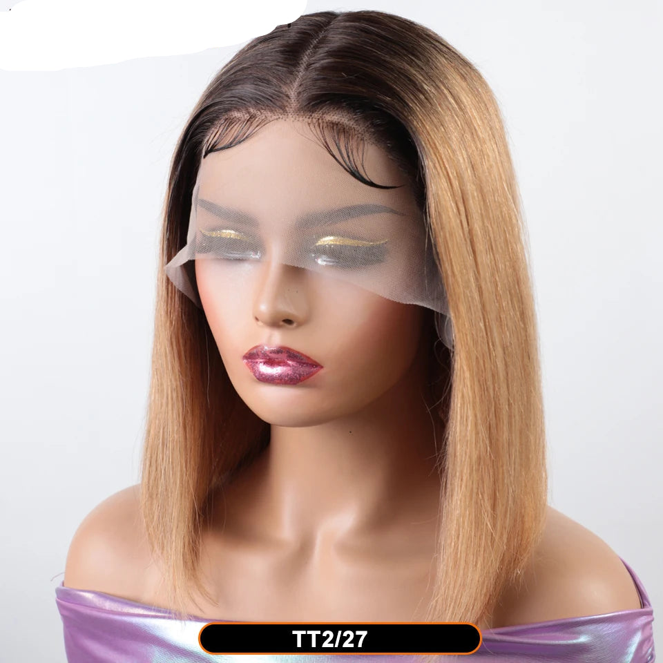 Ombre Pink & Blonde Bob Wig | Straight Human Hair T-Part Lace Front Luxegan