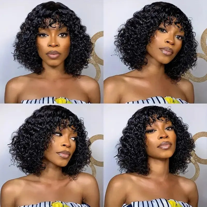 Rebecca 180% Density Highlight Kinky Curly Bob Wig with Bangs | Short Human Hair Full Machine Made Luxegan