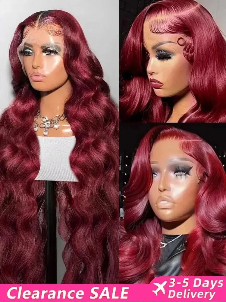 Burgundy 99J Red Body Wave Lace Front Wig | 30 Inch 200% Density Brazilian Remy HD Transparent Lace Frontal for Women Luxegan