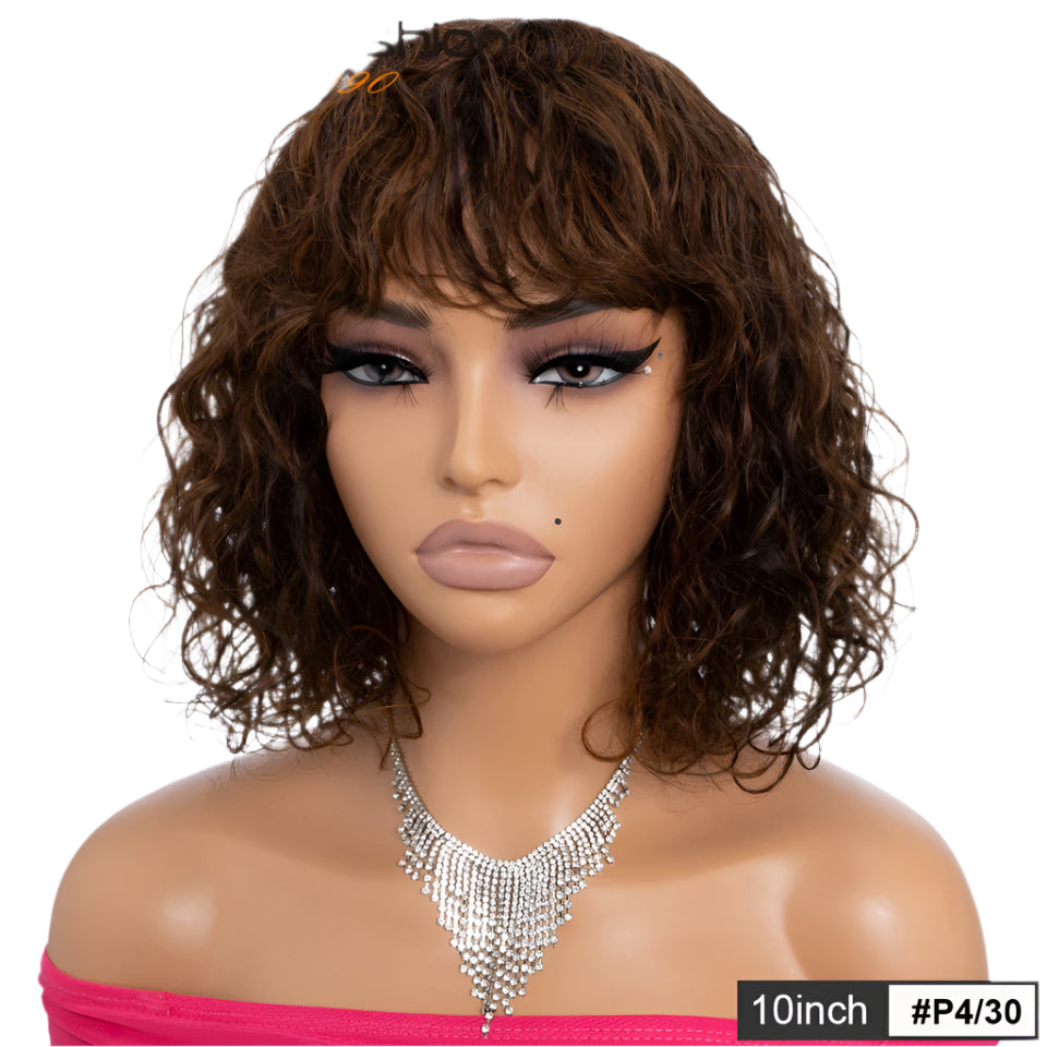 Short Wavy Bob Wig with Bangs | Natural Wave Full Machine Made Human Hair Luxegan