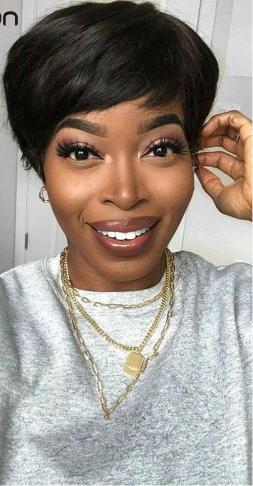 Burgundy Red & Brown Pixie Short Cut Bob Wig with Bangs | Straight Human Hair Machine Made Luxegan