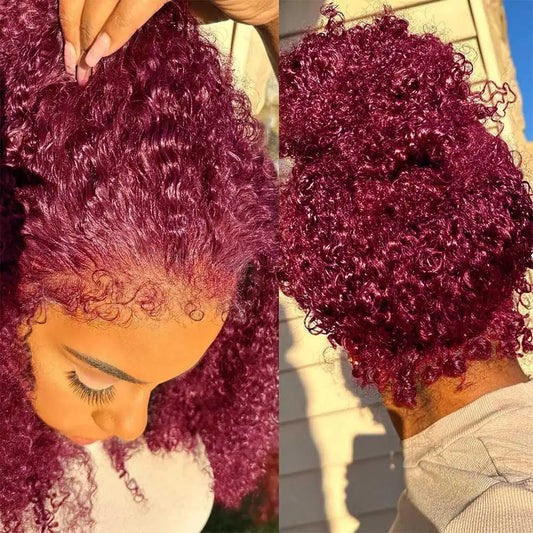 Burgundy Red Deep Wave Frontal Wig | Sophisticated "99J" 360 Full HD Lace Silhouette | Elegant 250% Density Glueless Hairpiece | "Dignified" Pre-Plucked Brazilian Human Hair Wig for Radiant Versatile Styling Luxegan