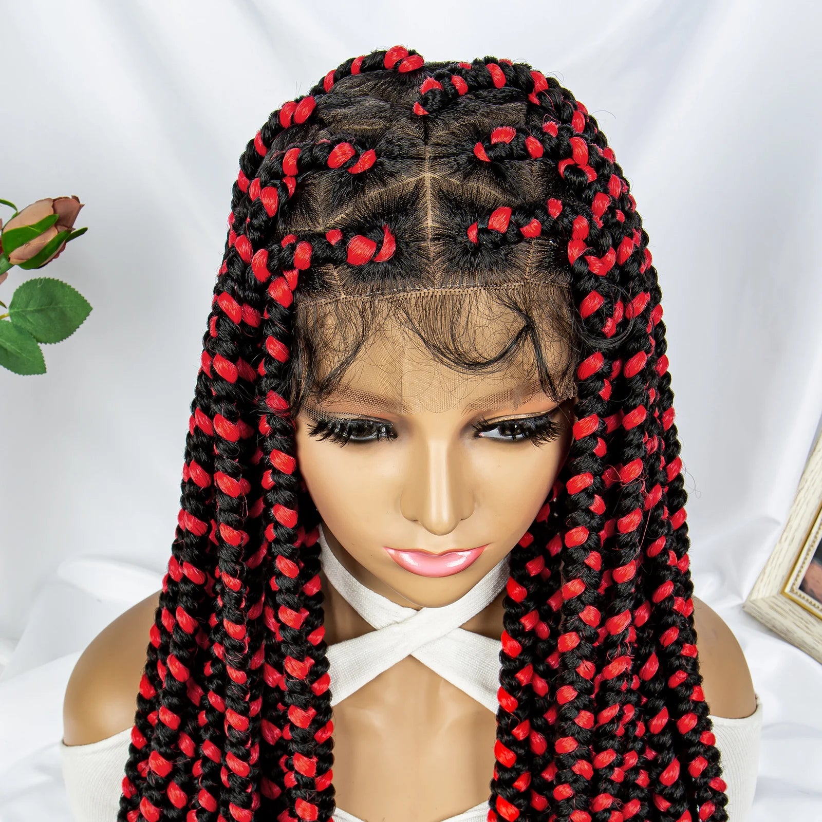 32" Triangle Knotless Box Braids Wig | KIMA Full Lace Front Braided Wig | Transparent Lace | Synthetic Braids