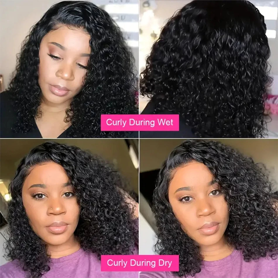200% Density Short Curly Bob Wig 13x4 Lace Front Wet & Wavy Deep Wave Brazilian Remy Human Hair 4x4 Closure