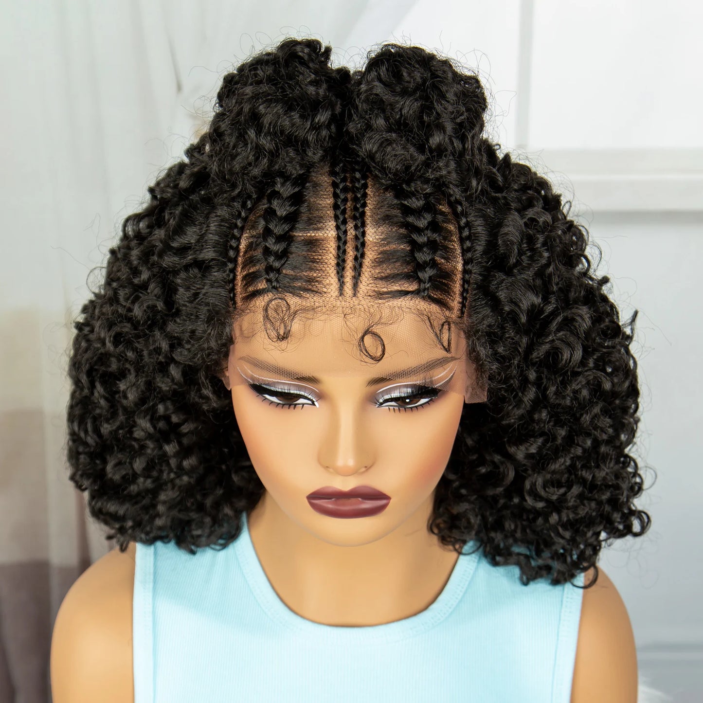 16" Cornrow Braids Wig with Afro Kinky Curly Ends | Knotless Lace Front | Baby Hair Luxegan
