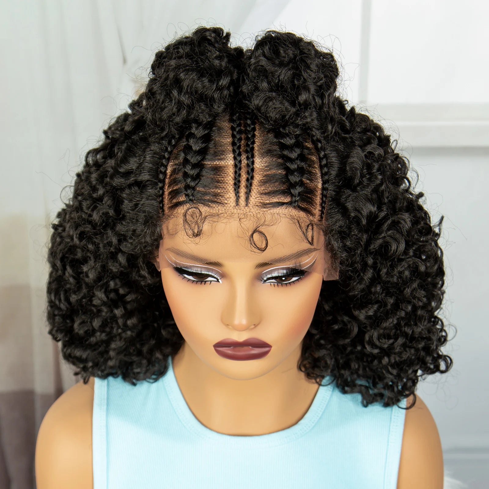 16" Cornrow Braids Wig with Afro Kinky Curly Ends | Knotless Lace Front | Baby Hair Luxegan
