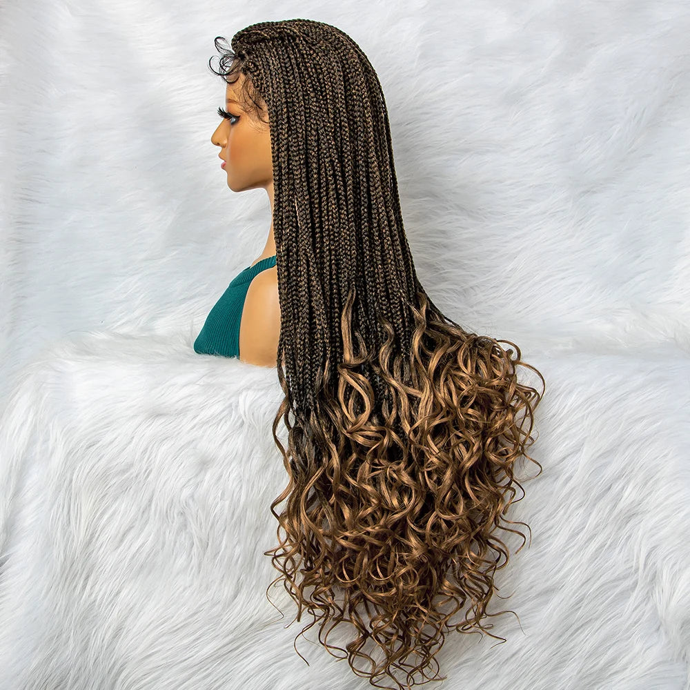 36" Water Wave Braided Lace Front Wig with Baby Hair | African Braids Luxegan