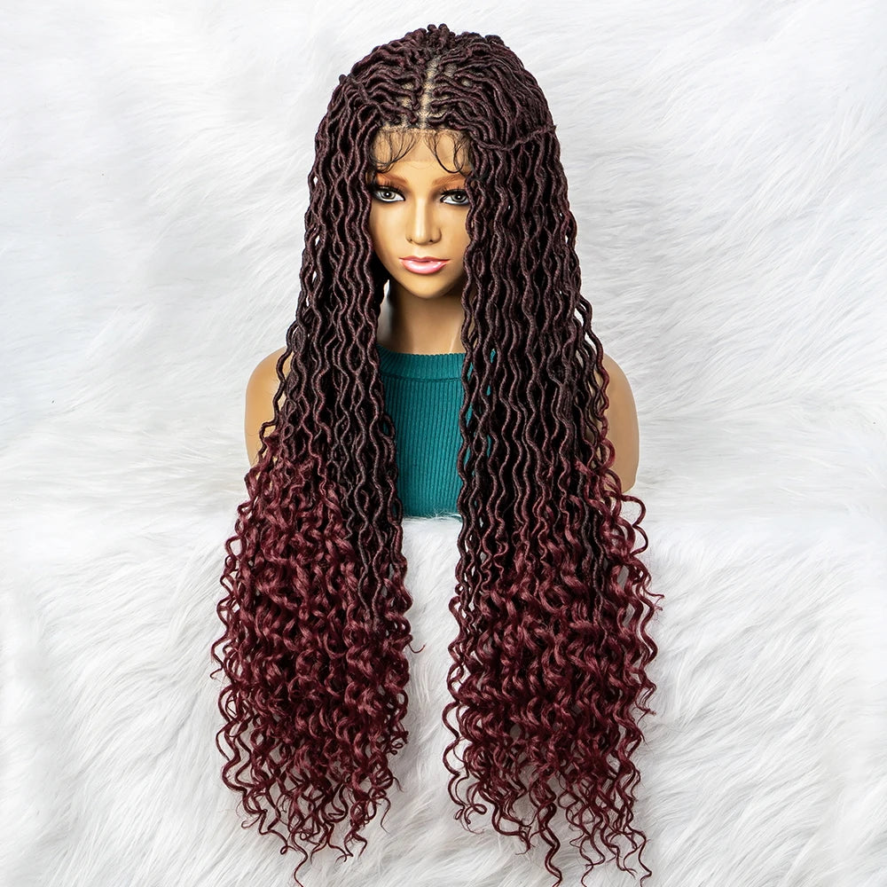 32" Burgundy Curly Dreadlocks Braided Wig | Lace Front with Baby Hair Luxegan