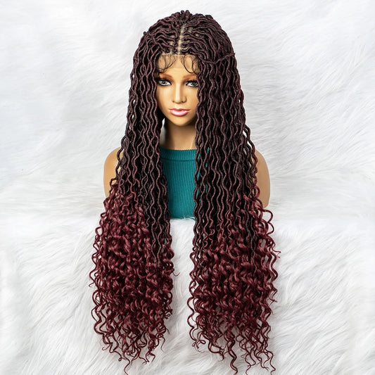 32" Burgundy Curly Dreadlocks Braided Wig | Lace Front with Baby Hair Luxegan
