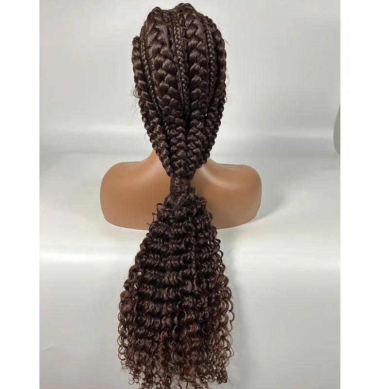 28" Burgundy Knotless Braids Wig with Curly Ends | Lace Front | Baby Hair Luxegan