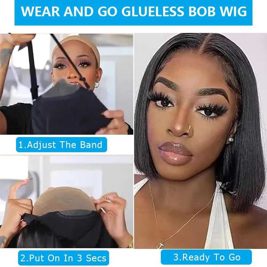 Glueless Straight Bob Wig | Brazilian Remy Hair | Pre-Plucked | Ready to Wear | 4x4 Lace Closure | Natural Black