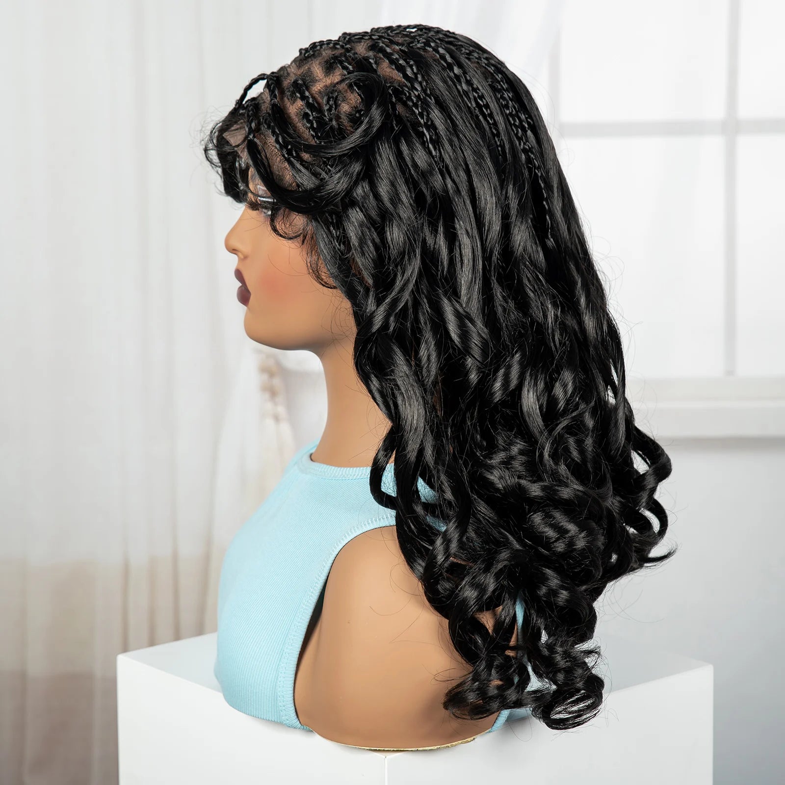 18" Bouncy Wavy Knotless Box Braids Wig with Bangs | Full Lace Luxegan