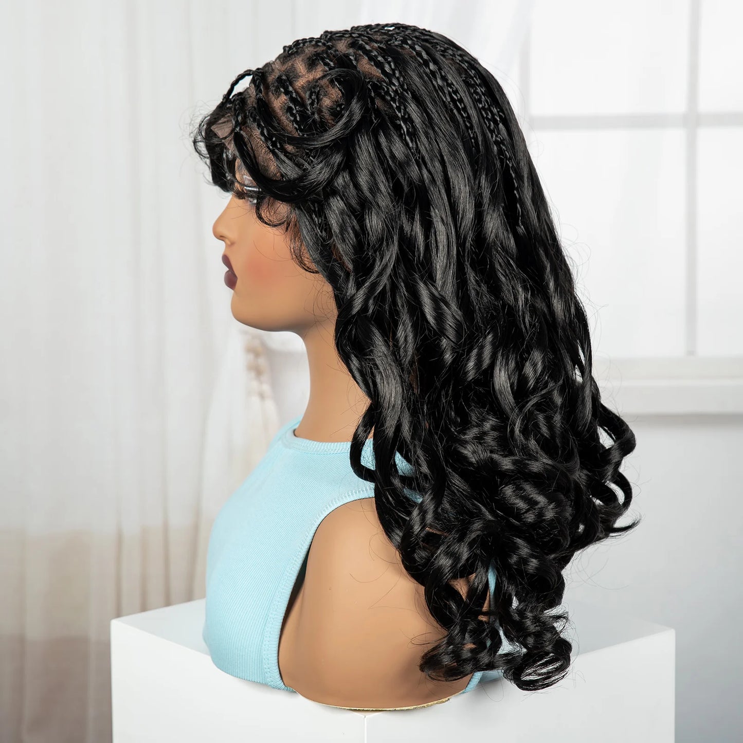18" Bouncy Wavy Knotless Braids Wig | Full Lace | Bangs | Baby Hair Luxegan