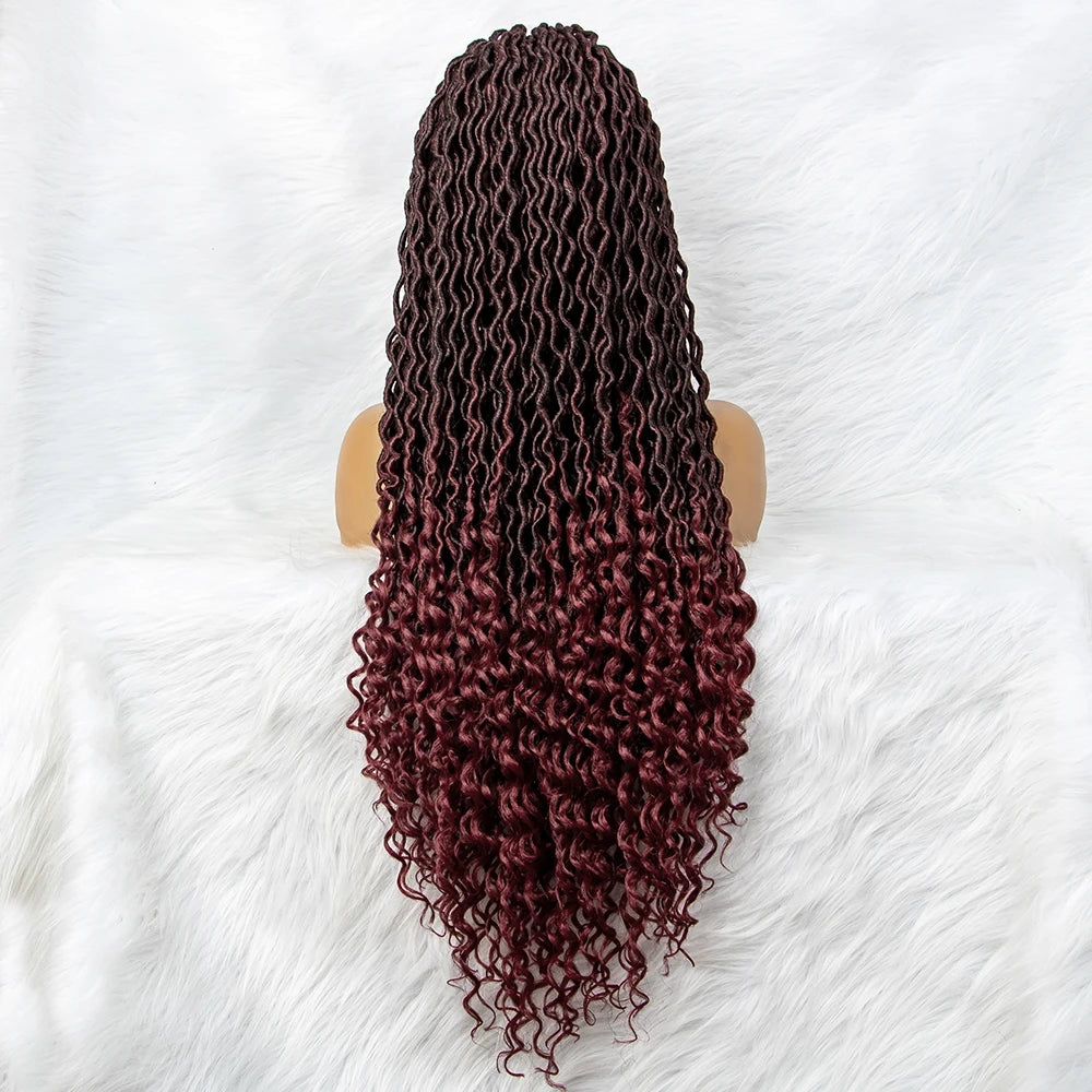 32" Burgundy Curly Dreadlocks Braided Wig | Lace Front with Baby Hair Luxegan