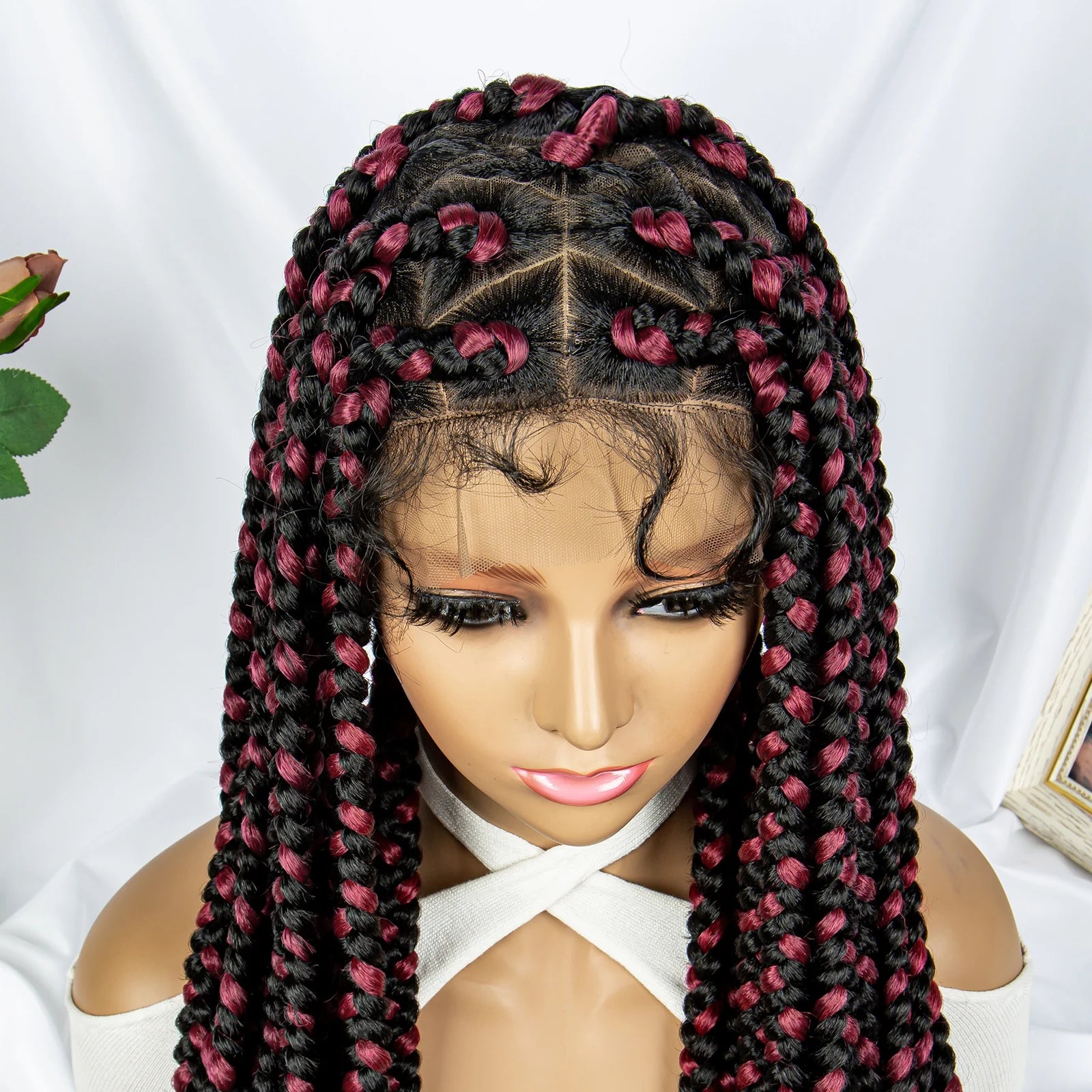 32" Triangle Knotless Box Braids Wig | KIMA Full Lace Front Braided Wig | Transparent Lace | Synthetic Braids