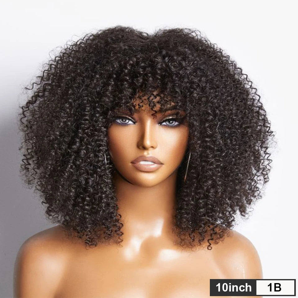 200% Density Short Afro Kinky Curly Human Hair Wig with Bangs | Sassy Fluffy Natural Growth Full Machine Made Wigs Luxegan