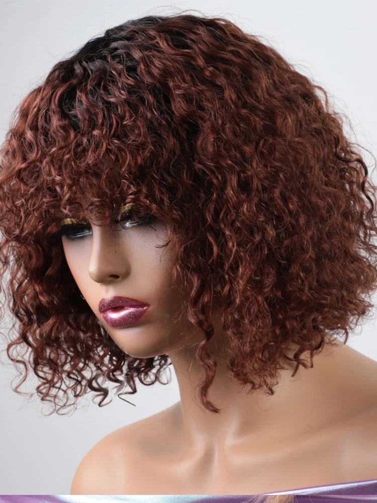 Jerry Curly Short Bob Human Hair Wig with Bangs | Glueless Highlight Honey Water Wave Blonde Wig for Women (Ready-to-Go) Luxegan