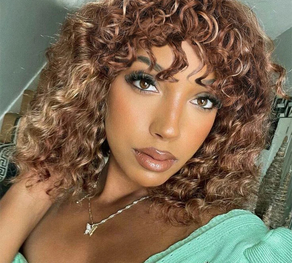 180% Density Jerry Curly Pixie Bob Wig with Bangs | Highlight 1B/P1B/30 Remy Human Hair Luxegan