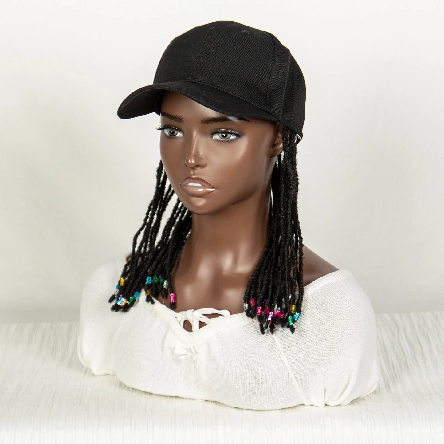Short Knotless Box Braids Hat Wig with Colored Beads | Adjustable Cap Luxegan