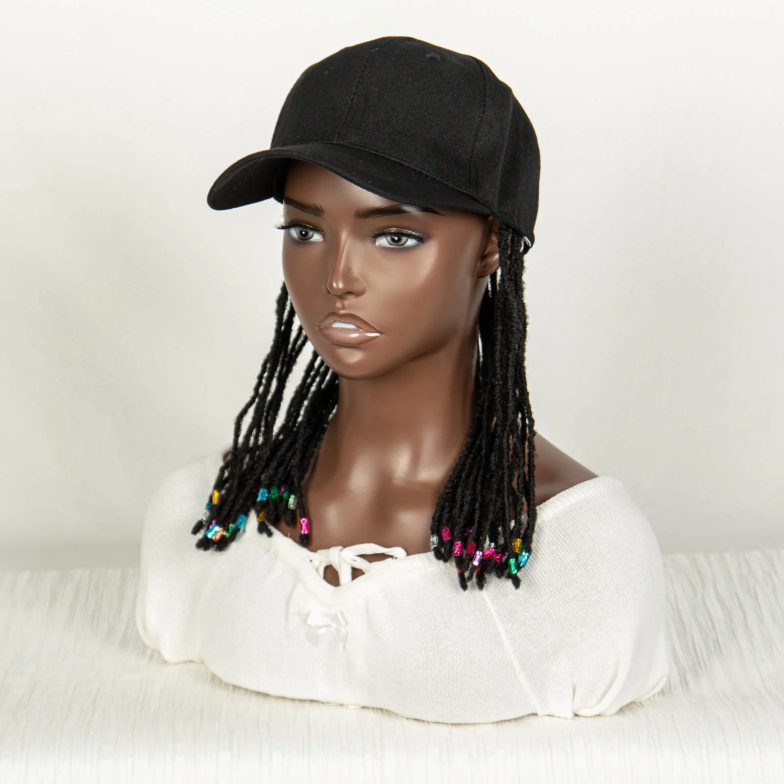 Short Knotless Box Braids Hat Wig with Colored Beads | Adjustable Cap Luxegan