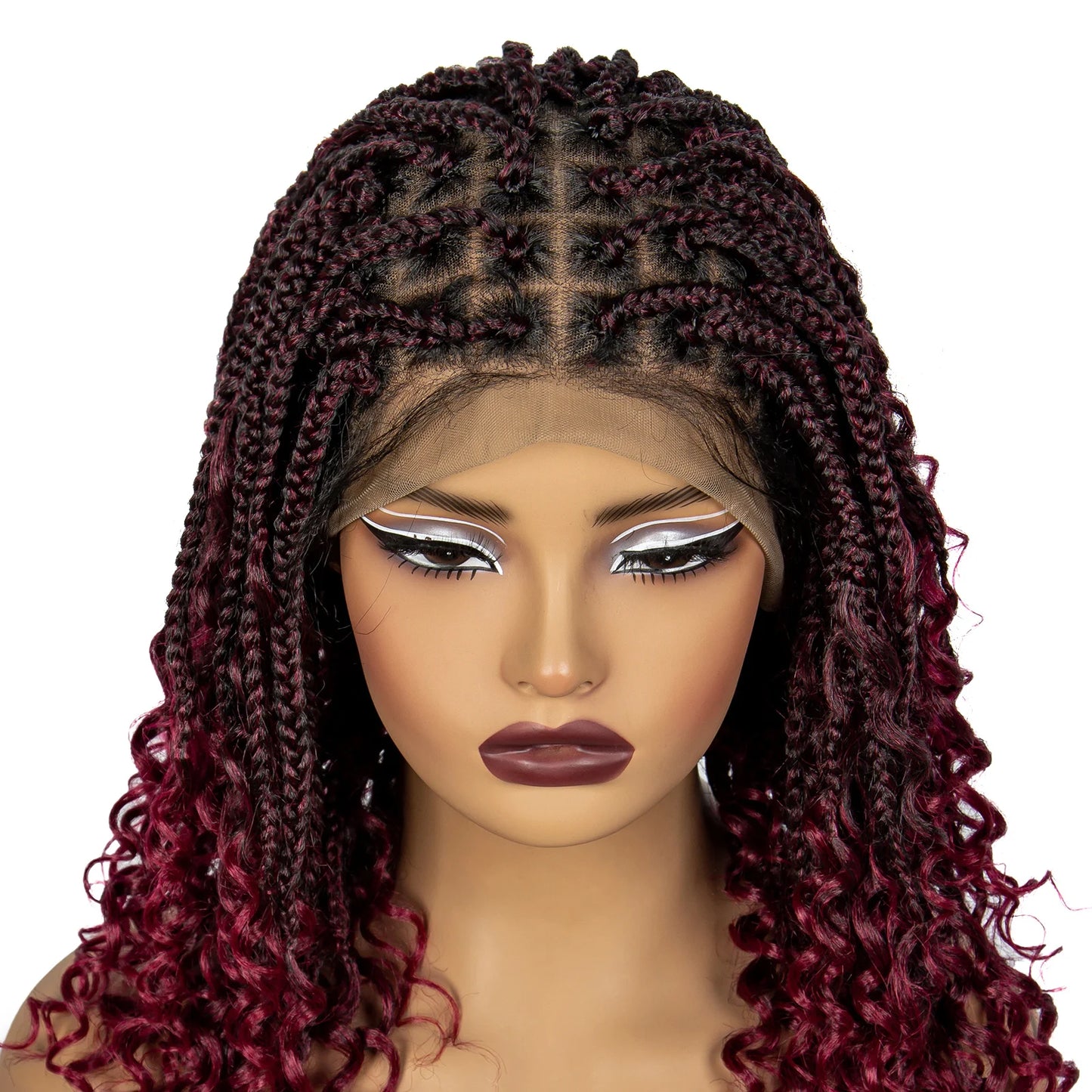Burgundy Curly Ends Knotless Braids Bob Wig | 99J | Full Lace | Boho Style Luxegan