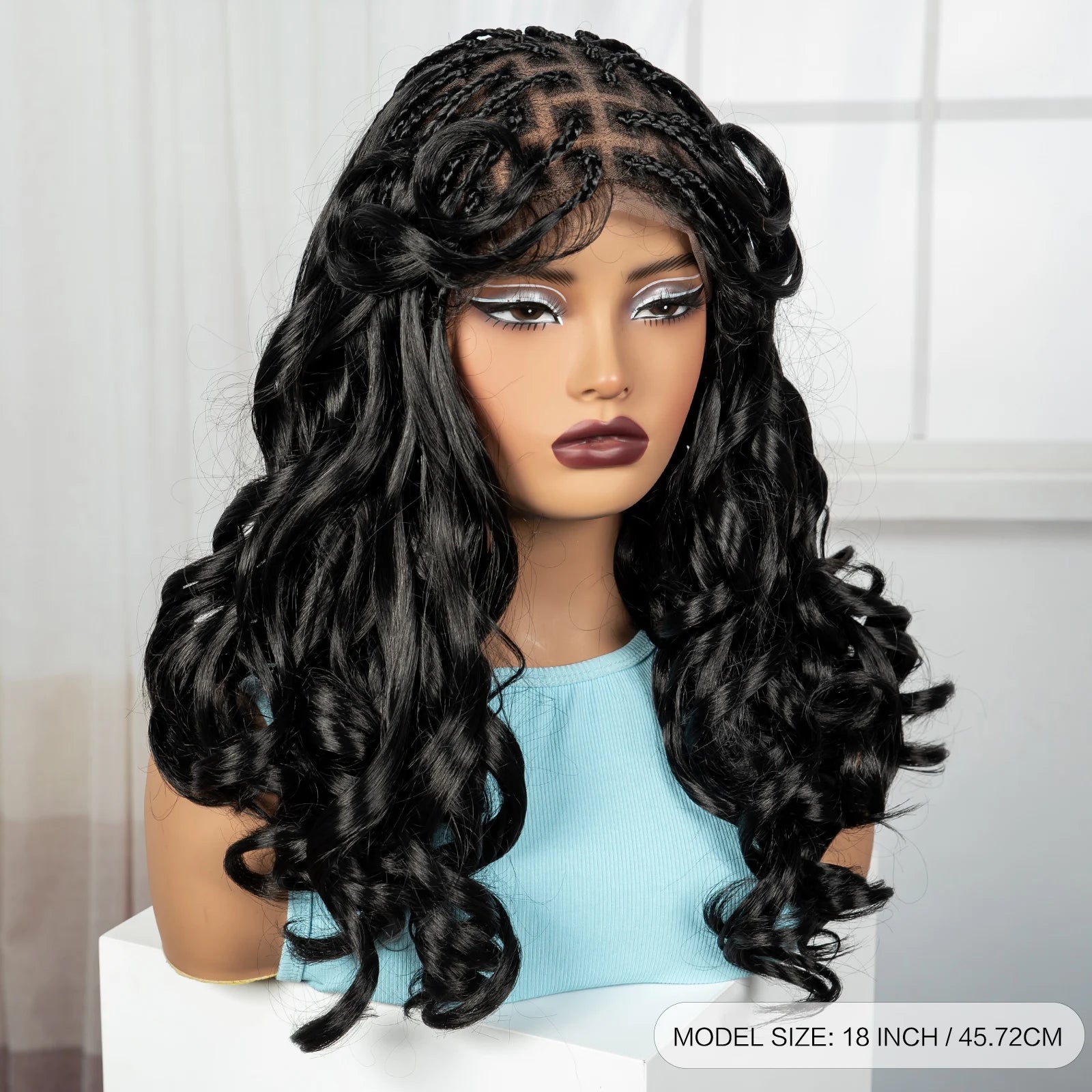 18" Bouncy Wavy Knotless Braids Wig | Full Lace | Bangs | Baby Hair Luxegan
