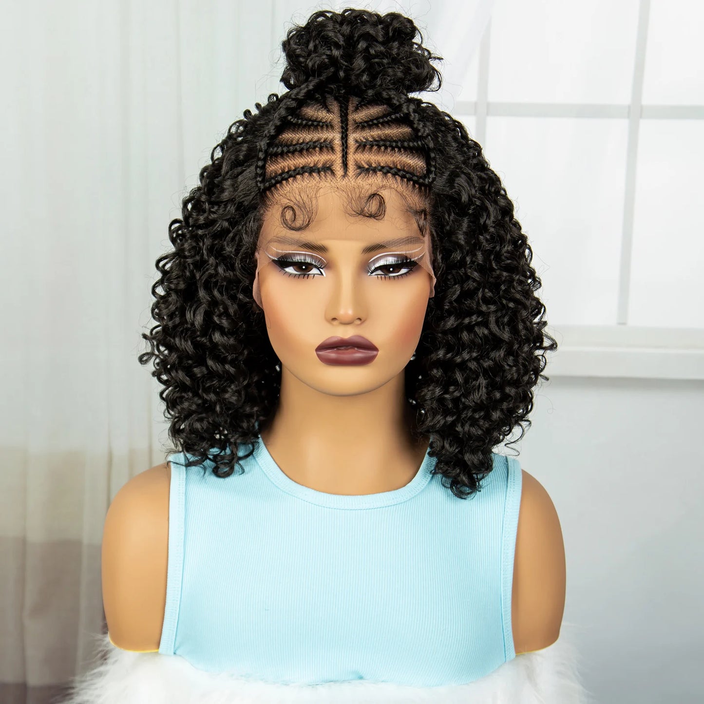 16" Cornrow Braids Wig with Afro Kinky Curly Ends | Knotless Lace Front | Baby Hair Luxegan
