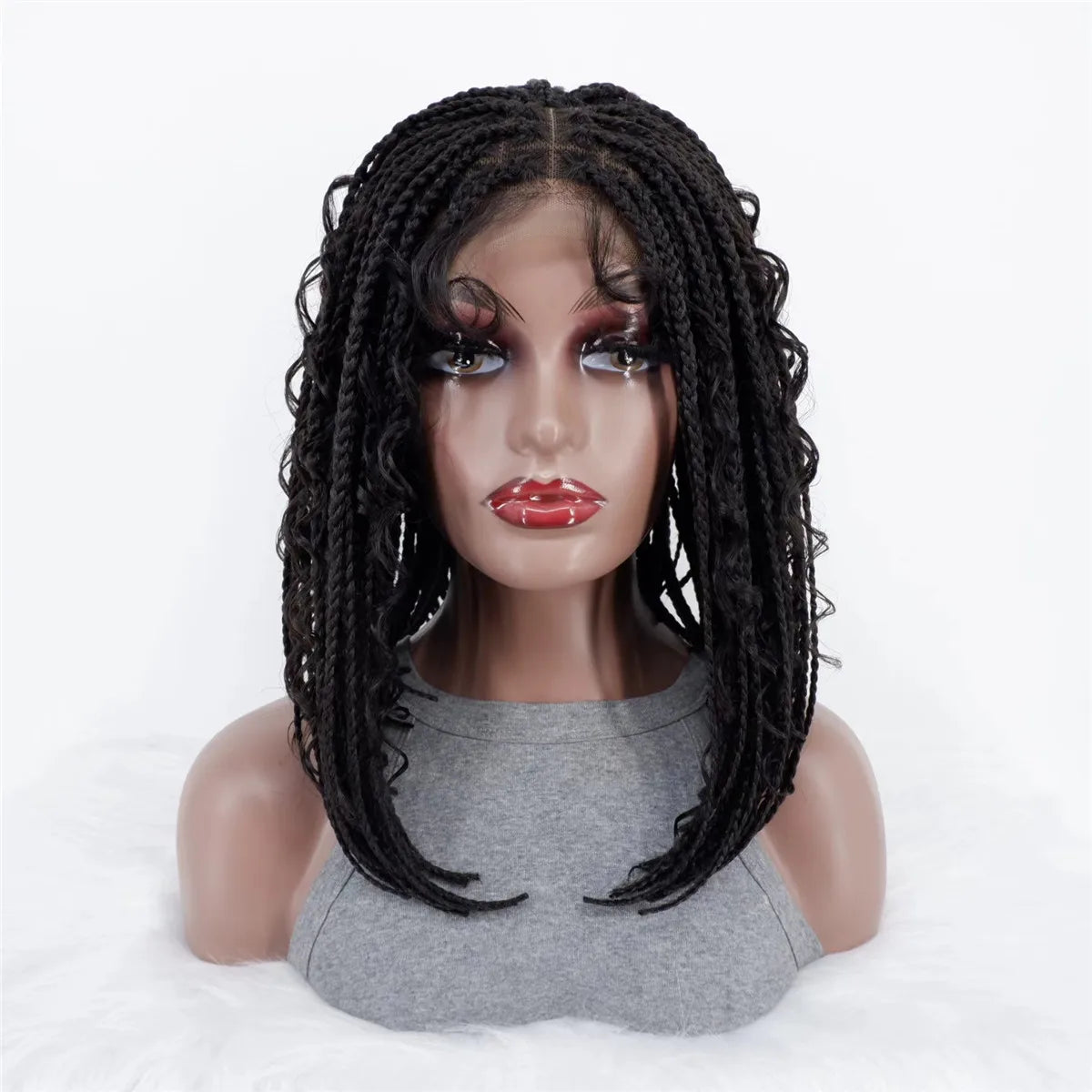 Short Bob Braided Wig - Bantu Knots & Boho Knotless Braids - Lace Front Bob Box Braid Wig for Black Women