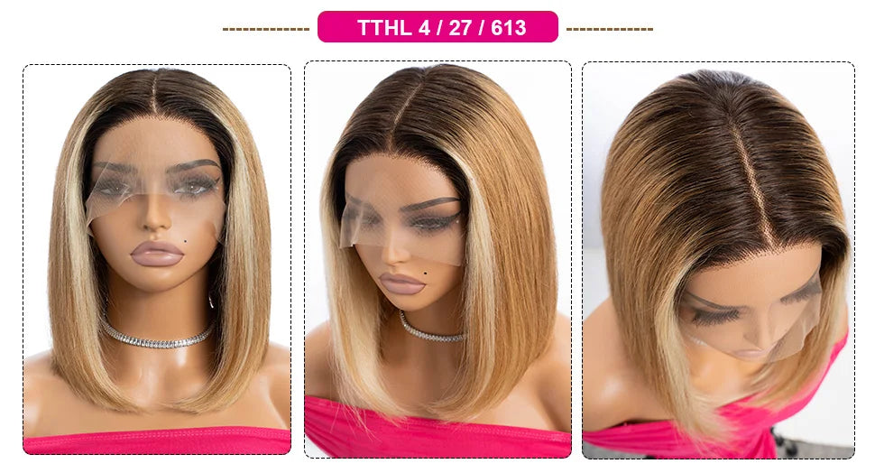 Ombre Pink & Blonde Bob Wig | Straight Human Hair T-Part Lace Front Luxegan