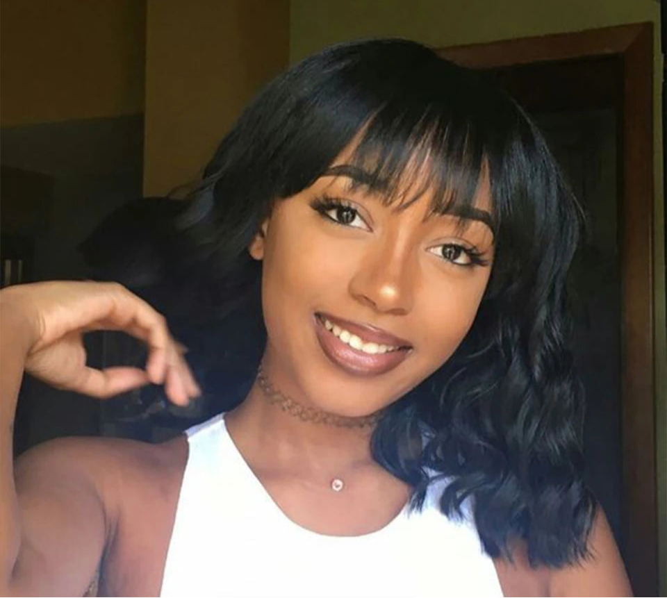 Short Wavy Bob Wig with Bangs | Natural Wave Full Machine Made Human Hair Luxegan