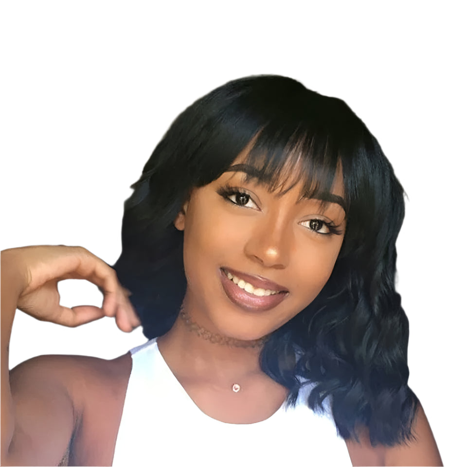 Rebecca Short Wavy & Curly Bob Wig | Human Hair with Bangs & Water Wave Texture Luxegan