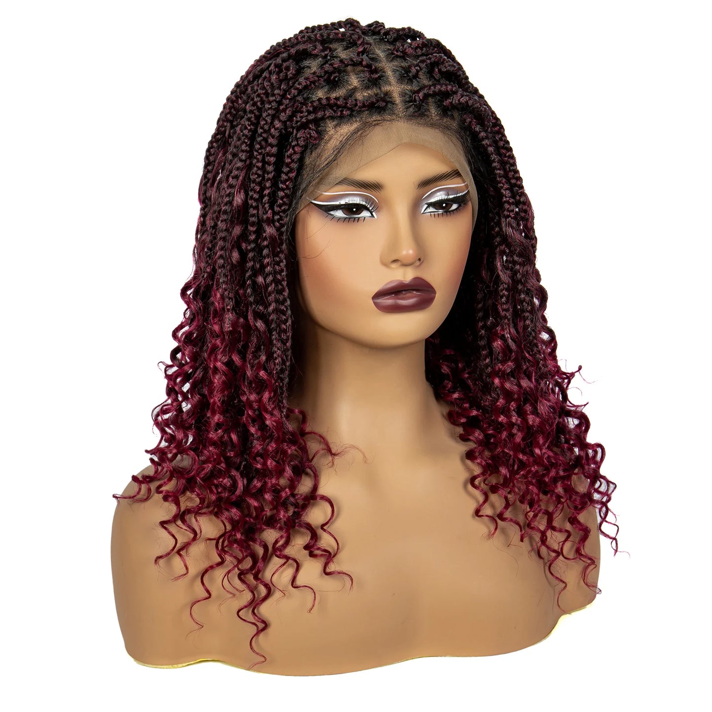 Burgundy Curly Ends Knotless Braids Bob Wig | 99J | Full Lace | Boho Style Luxegan