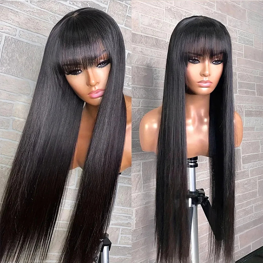 Long Straight Wig with Bangs | 30-32 Inch Brazilian Remy Hair | Middle Part Wig for Black Women