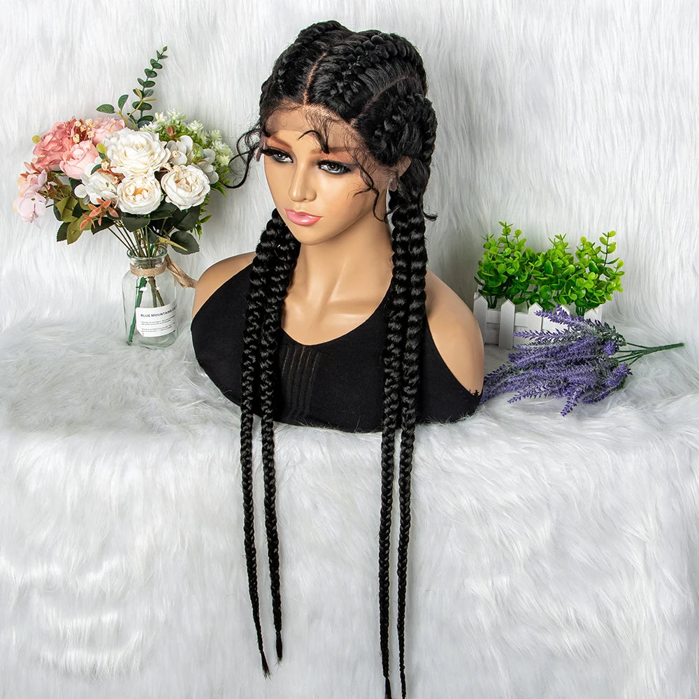 32" Full Lace Four Braid Box Braids Wig | Kanekalon Synthetic Braided Wig for Black Women
