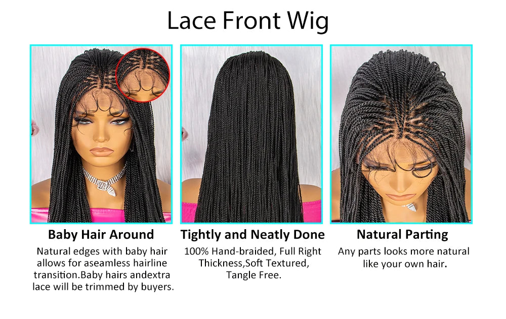 30" Twist Braided Lace Front Wig | Knotless Braids | Long Straight Hair | Heat Resistant Synthetic Wig | For Black Women Luxegan