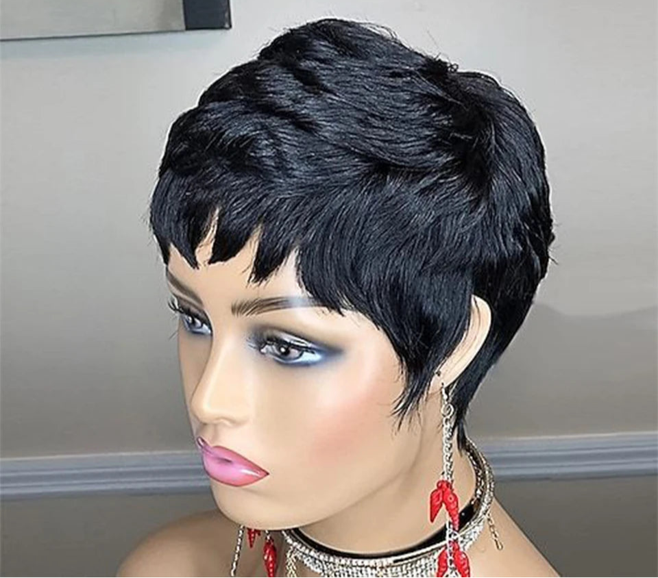 180% Density Natural Black Pixie Bob Wig with Bangs | Short Straight Human Hair (with optional Wine Blonde 99J) Luxegan