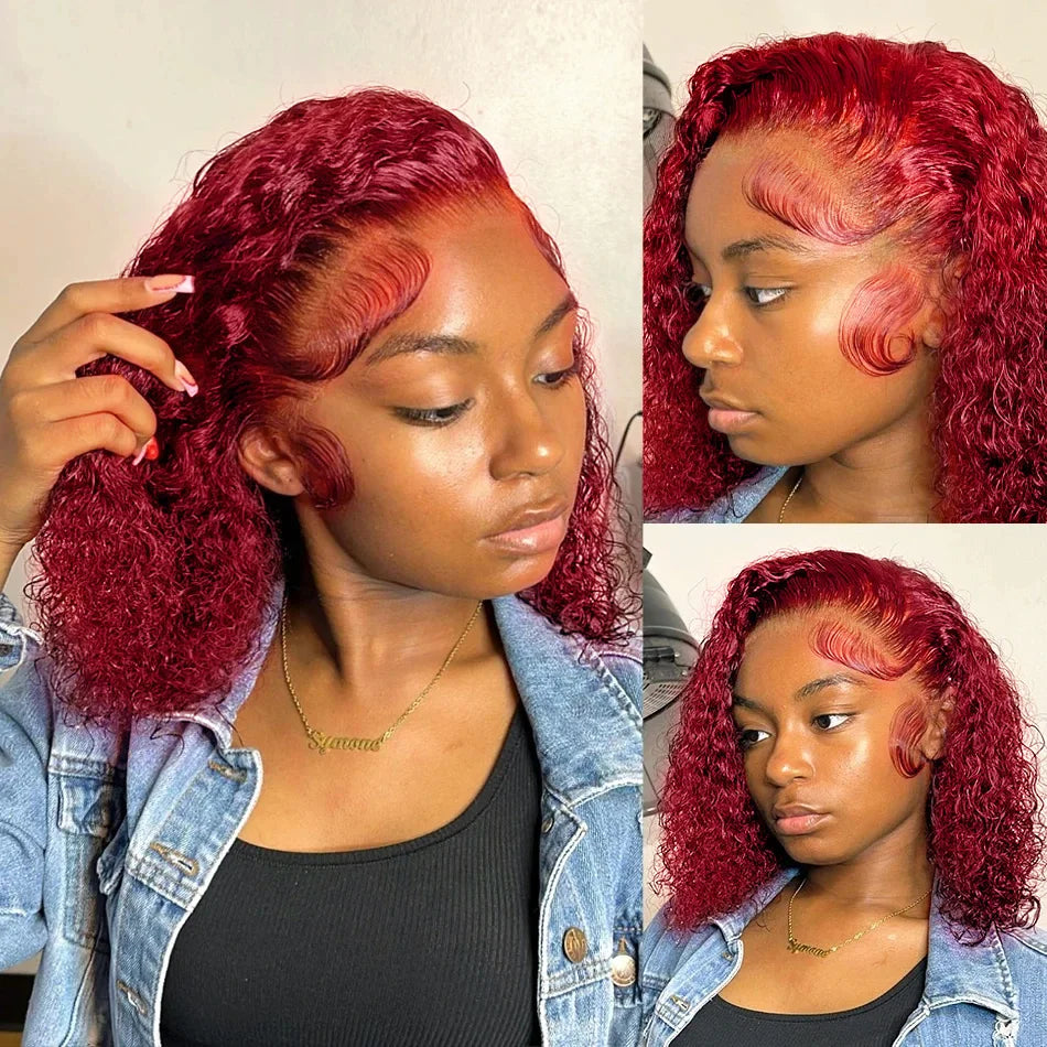 Burgundy 99J Deep Wave Short Bob Wig - 13x4 Transparent Lace Frontal Human Hair Wig - 200% Density Red Colored Water Wave Remy Human Hair Wig for Women (4-16 Inch) Luxegan