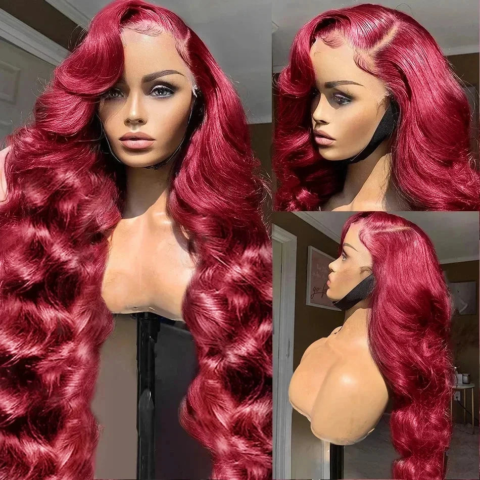 Burgundy 99J Red Body Wave Lace Front Wig | 30 Inch 200% Density Brazilian Remy HD Transparent Lace Frontal for Women Luxegan