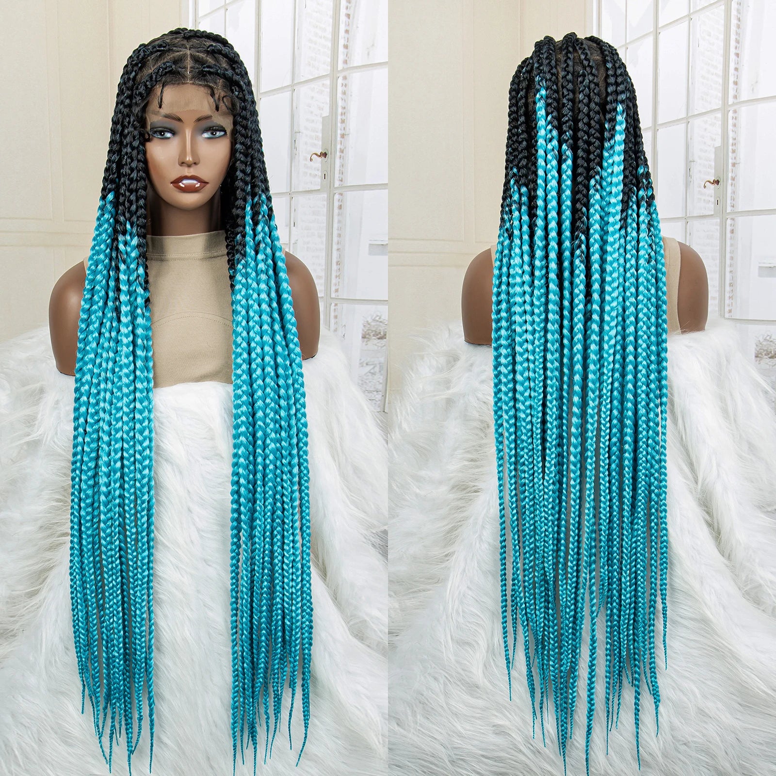 32" Triangle Knotless Box Braids Wig | KIMA Full Lace Front Braided Wig | Transparent Lace | Synthetic Braids