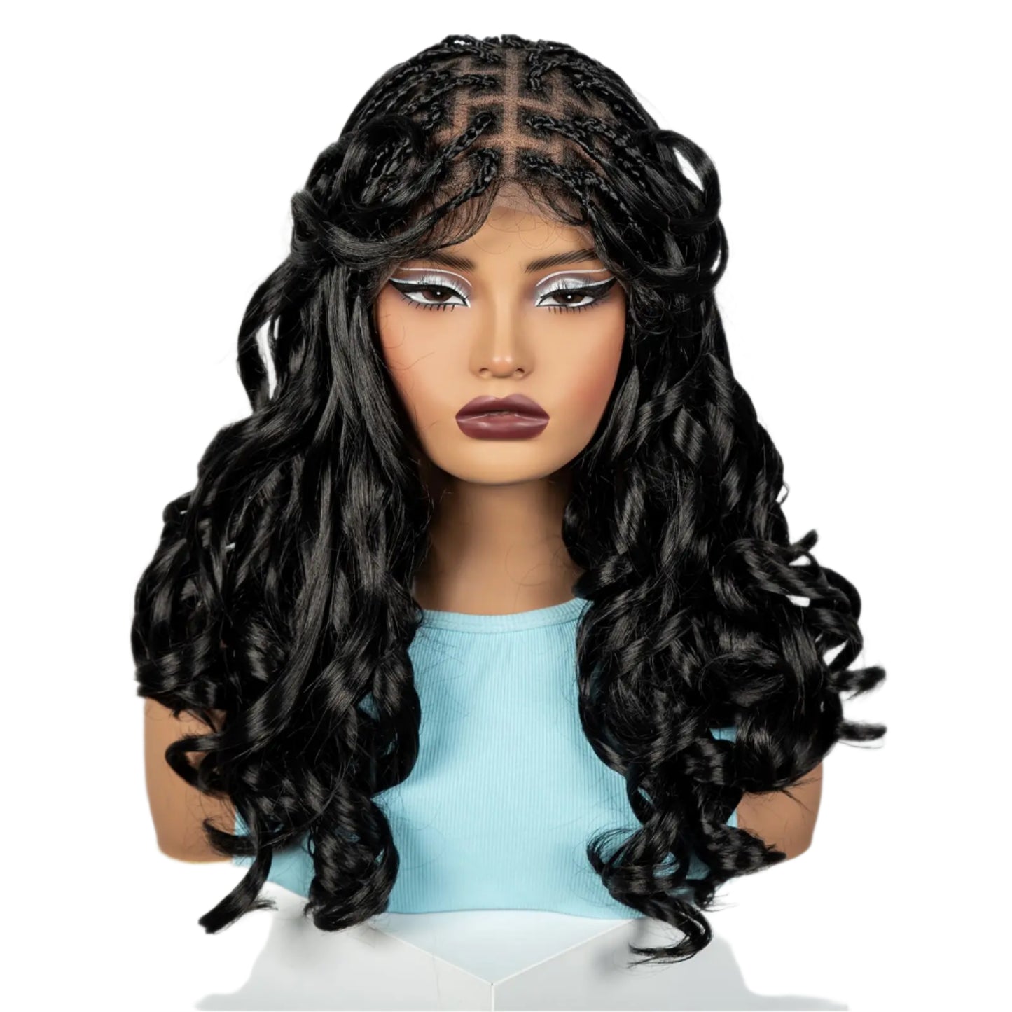 18" #27 Ombre Bouncy Wavy Braided Wig with Bangs | Knotless Box Braids | Full Lace Synthetic Wig with Baby Hair Luxegan