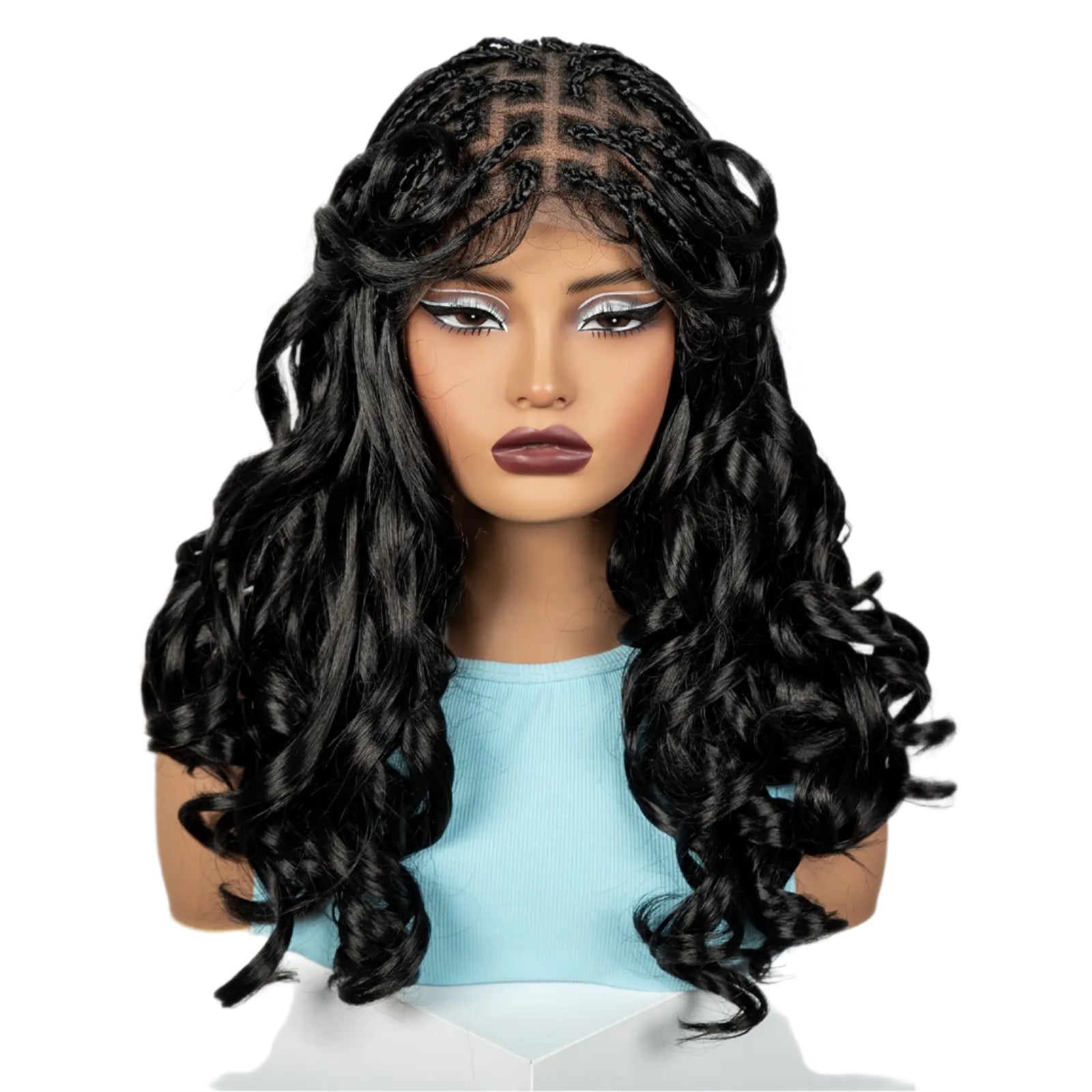 18" #27 Ombre Bouncy Wavy Braided Wig with Bangs | Knotless Box Braids | Full Lace Synthetic Wig with Baby Hair Luxegan