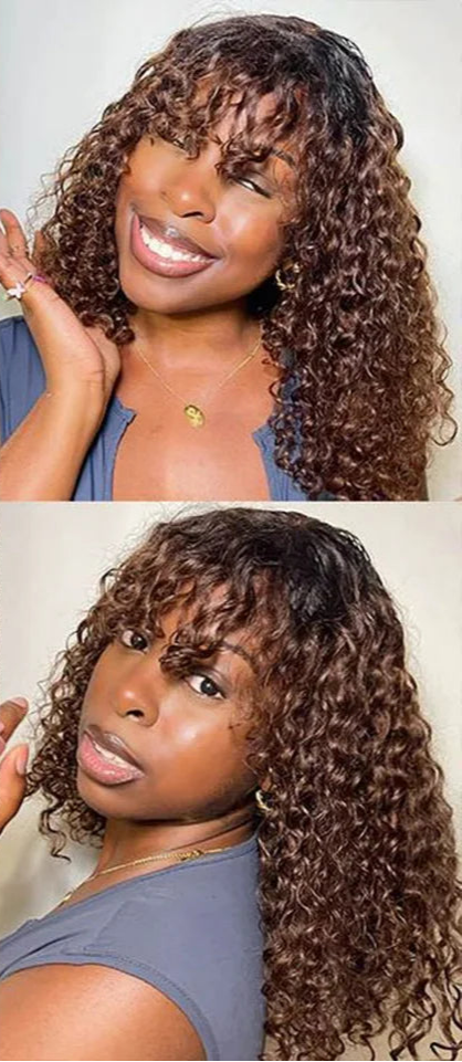 Highlight Honey Blonde Jerry Curly Pixie Bob Wig with Bangs | Full Machine Made Human Hair Luxegan