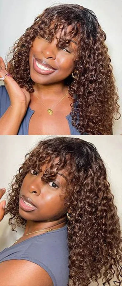 Brazilian Jerry Curly Human Hair Bob Wig with Bangs | Natural Highlight Honey Water Wave Kinky Curly Wigs for Women Luxegan