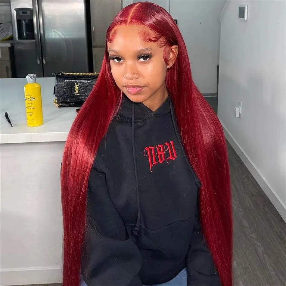 30 Inch Burgundy Bone Straight 13x4 Lace Front Wig | 13x6 HD Lace Frontal Human Hair Wig for Women (Colored) Luxegan