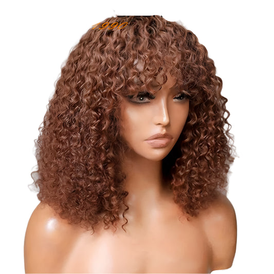 180% Density Honey Blonde Highlight Jerry Curly Pixie Bob Wig with Bangs Luxegan