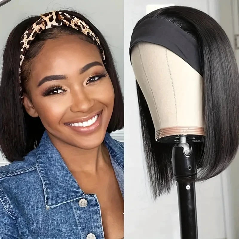 Straight Bob Headband Wig | 100% Brazilian Remy Human Hair Short Machine Made Bob Wigs for Women (All Colors) Luxegan