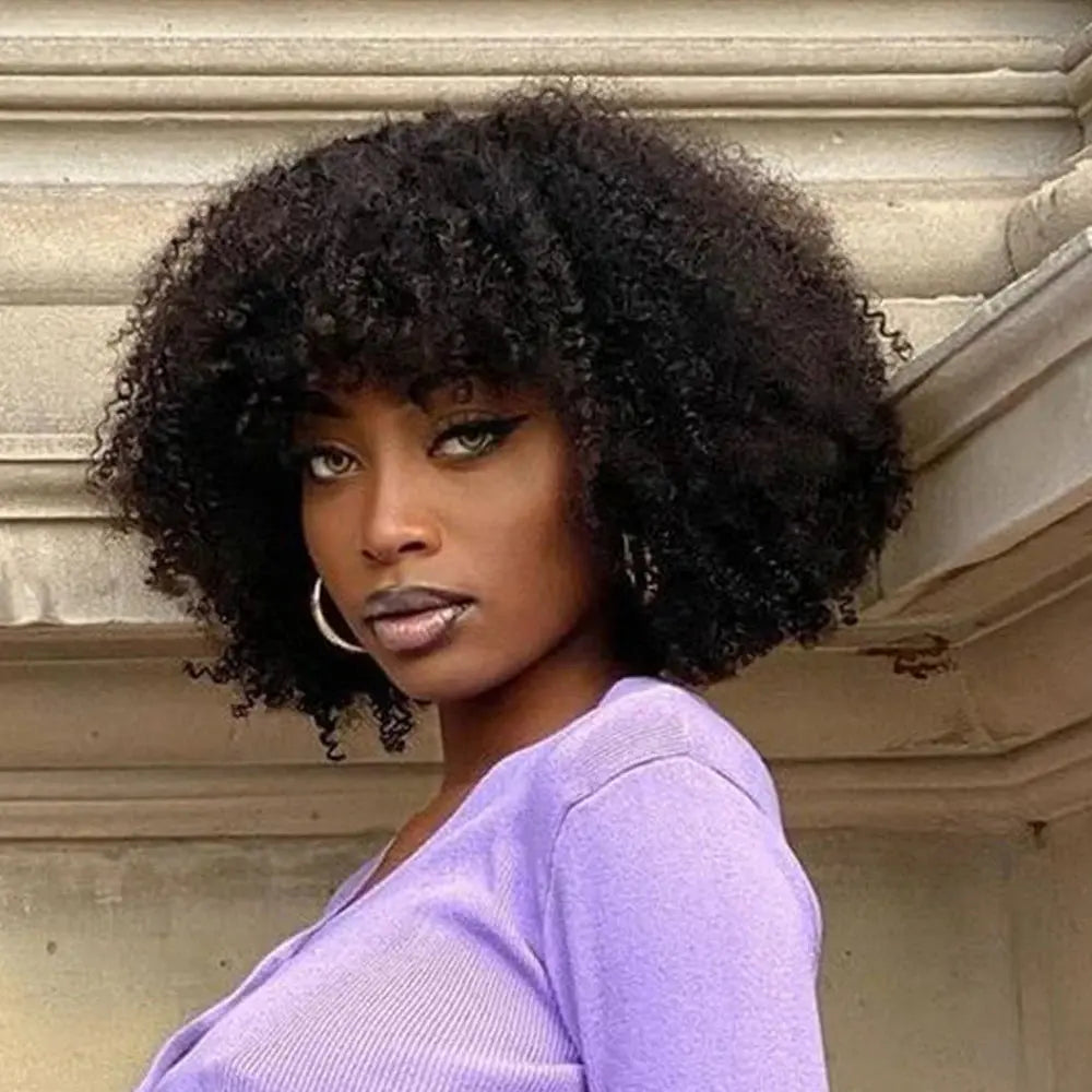 Afro Kinky Curly Human Hair Wig with Bangs | Brazilian Remy Hair | Short Curly Wig Luxegan